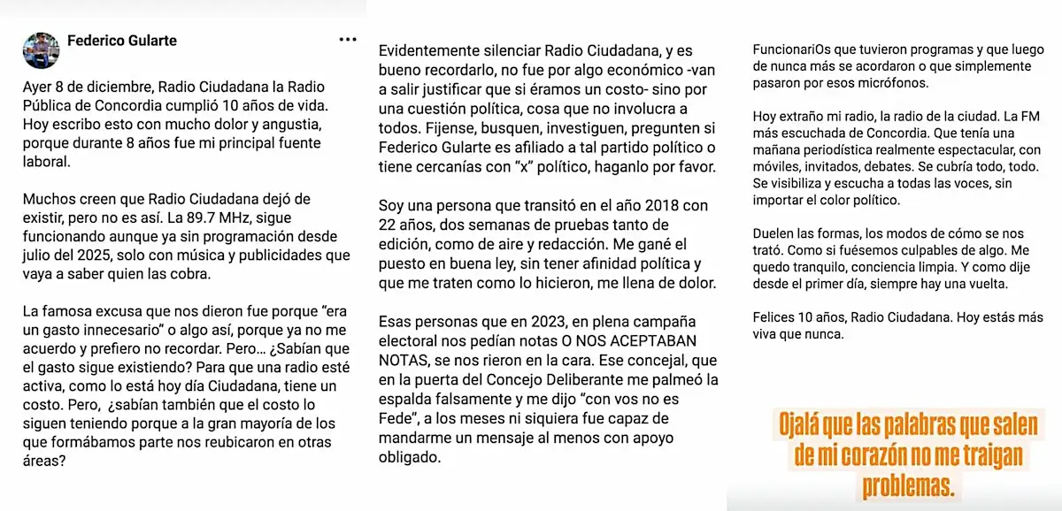 Posteo en redes Federico Gularte - Radio Ciudadana - Fransisco Azcue - Concordia - Diario El Enfoque